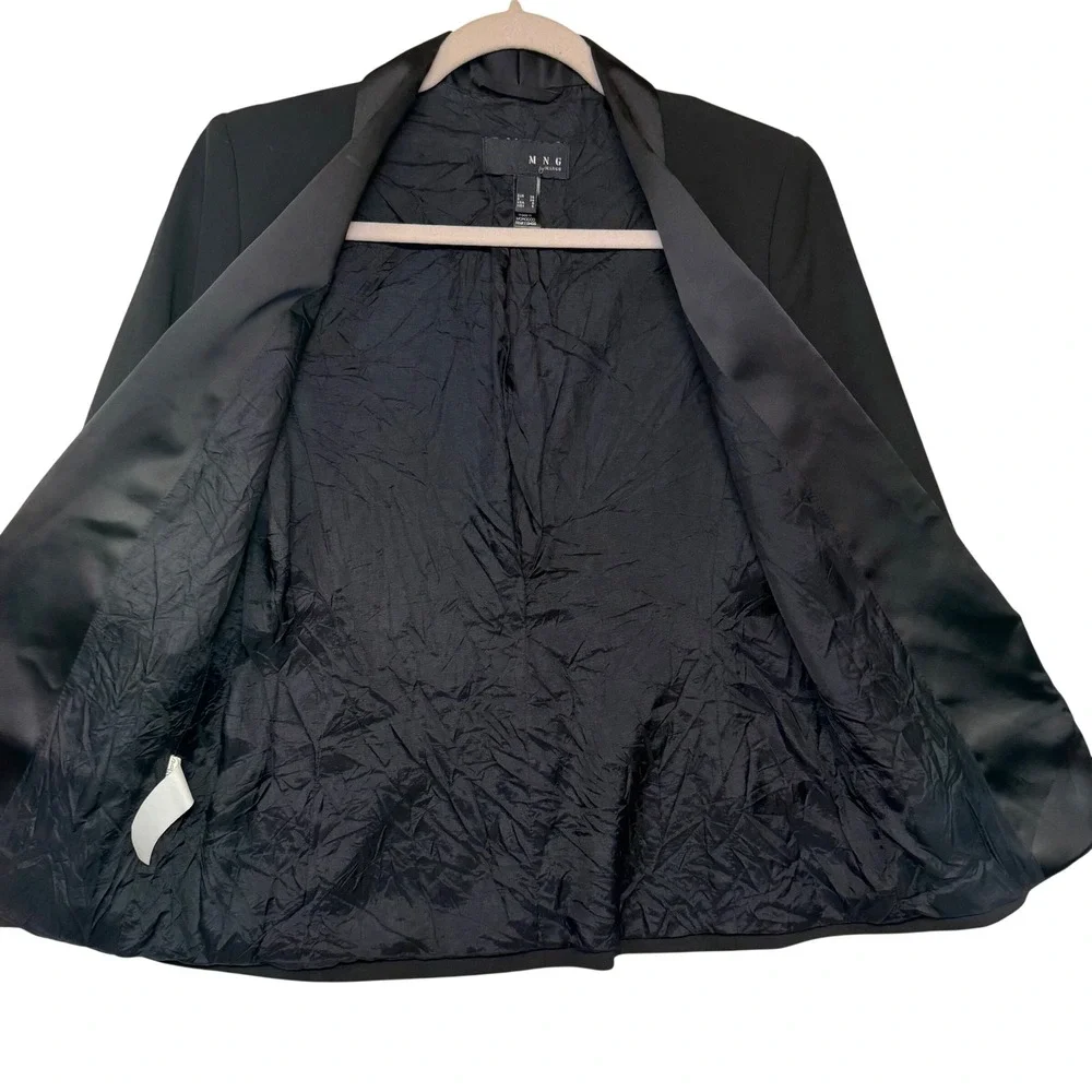 MNG by Mango Womens Black Tuxedo Blazer Satin Shawl Lapel Open Front Jacket Sz 6